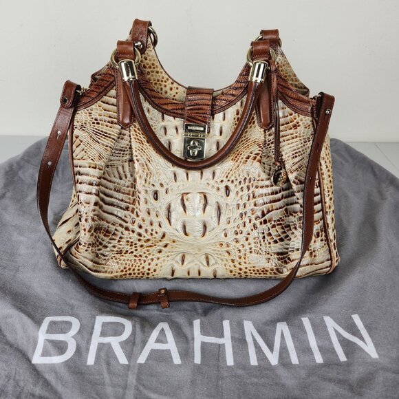 Brahmin Elisa Hobo Shoulder Bag Brown Cream Croc Embossed Leather Gold Hardware - Picture 1 of 16